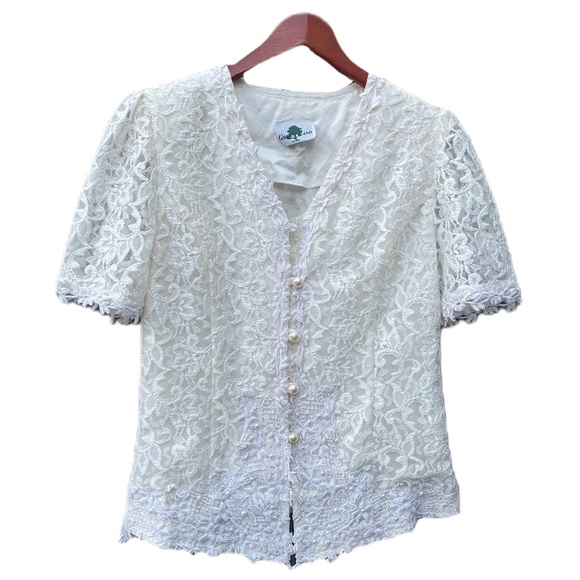 Vintage 90s White Floral Lace Beaded Button Up Green Land Blouse - Picture 1 of 15